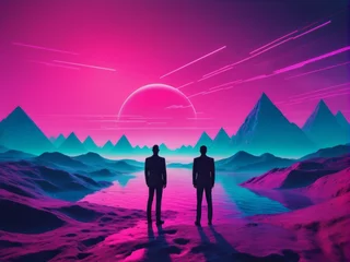 Velours gordijnen Roze Synthwave Man: Retro Futuristic Illustration of a Figure Amidst Pink Bluish Landscape