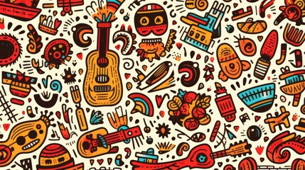 Intricate doodle pattern with elements of Mexican culture and music on a white background