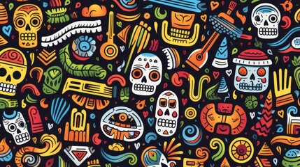 Image captures a lively Day of the Dead pattern with vibrant colors on a dark navy background