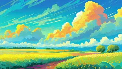 Schilderijen op glas landscape with rainbow, landscape with sun and clouds © CreativeVirginia
