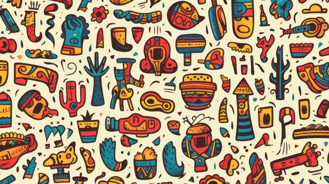 This image features a colorful assortment of hand-drawn tribal symbols, artifacts, and patterns on a beige background