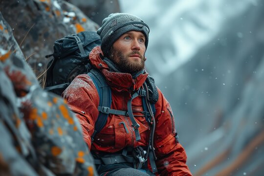 A thoughtful male hiker clad in a red weatherproof jacket looks up during a snowy trek