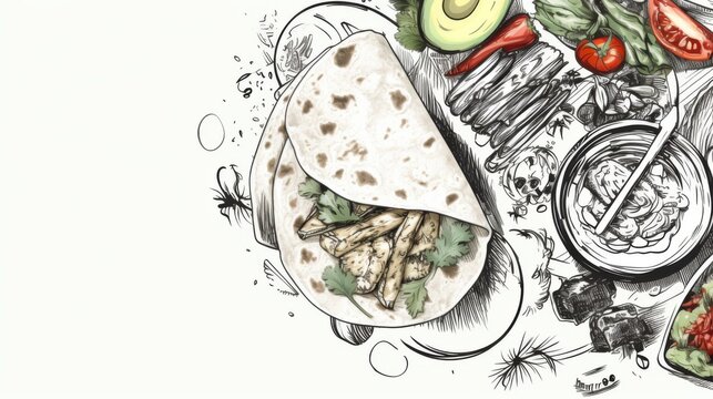 An appetizing sketch of a taco filled with grilled chicken and fresh vegetables wrapped in a soft tortilla