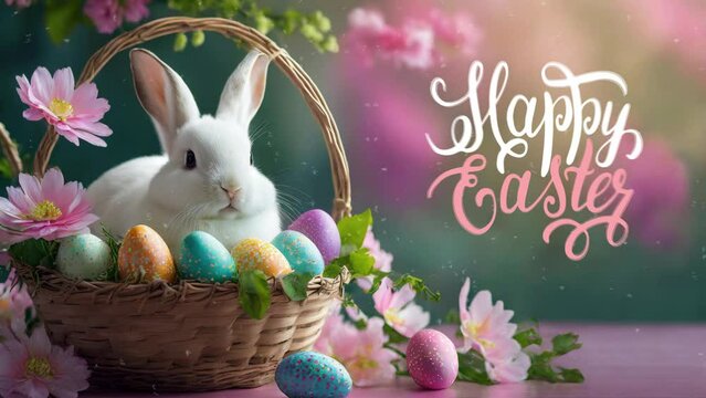 Happy Easter basket with easter bunny and colorful eggs, animation, cute easter 4k video on a pink background