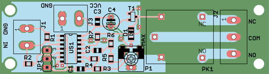 Vector printed circuit board of electronic 
device with components of radio elements, 
conductors and contact pads placed on it. 
Engineering drawing.