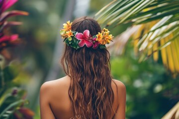 Naklejka premium Back view woman hawaii beach girl. Wedding wreath. Generate AI