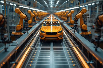 A high-tech car production line with orange robotic arms assembling a bright orange car emphasizing automation and precision