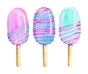 Watercolor set of colorful ice cream. Mint, pink and violet colors. Sweet dessert clip art. Hand-drawn illustration isolated on transparent.