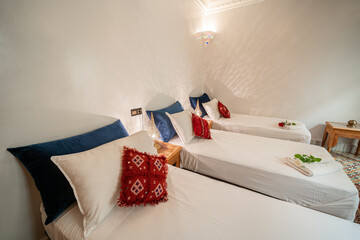 Beautiful interior of a bedroom inside a riad in the medina of Fes, Morocco