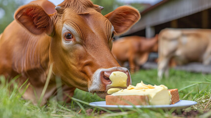 A cow lies in the green grass in front of a saucer of fresh butter. The cow's nose is covered in butter. There is a blurred image of a farm in the background.