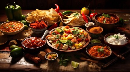 A rustic ensemble of traditional Mexican dishes offers a sense of warmth and authenticity - obrazy, fototapety, plakaty