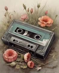  watercolor graphics, old cassette tape on a floral background