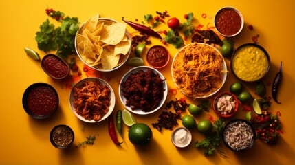 A vibrant top view of a Mexican feast with multiple dishes including tacos, salsas, and dips surrounded by fresh ingredients on a yellow background - obrazy, fototapety, plakaty