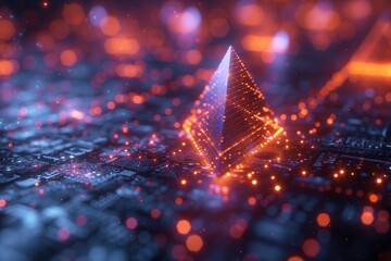 Abstract digital graphic of blockchain technology with futuristic pyramid shape and glowing nodes - obrazy, fototapety, plakaty