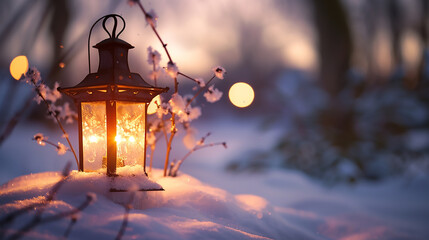 A traditional lantern glowing softly in a snowy evening, the light casting a warm glow on the...