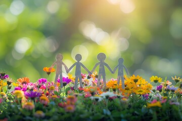 Paper cutout family holding hands among vibrant flowers, Concept of unity, community, and environmental conservation