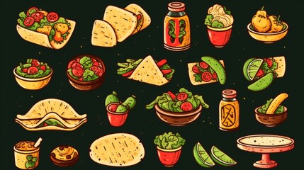 This illustration presents popular Mexican dishes on a warm-toned backdrop, highlighting comfort...