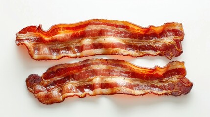 Bacon on White Background. Delicious Cooked Bacon Slice with Grease and Texture. Perfect Culinary Cut with Dark and Light Colours. High Calorie and Cholesterol