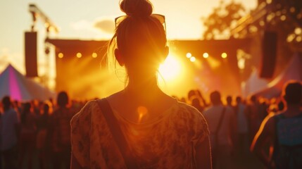 Obraz premium The serene profile of a woman silhouetted against the setting sun at a live outdoor event