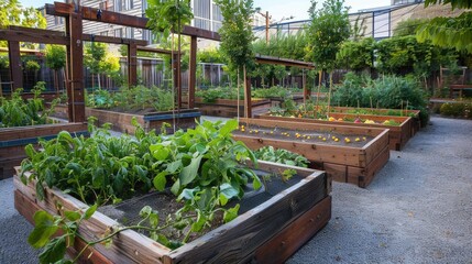 Community Kitchen Garden with Sustainable and Raised Vegetable Beds for Urban Farming and Gardening