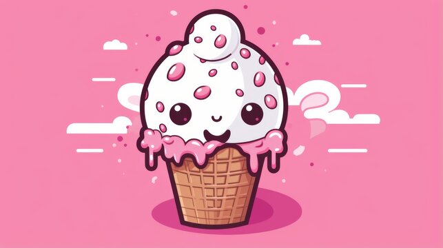 A plump, smiling ice cream cone floating among clouds against a fixed pink backdrop evokes happiness and dreaminess