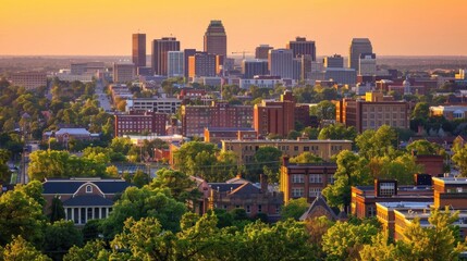 Alabama Downtown Birmingham Skyline Landscape with American Flag in View