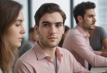 Fototapeta premium Man in meeting with pensive expression, group collaboration. Serious professional atmosphere.