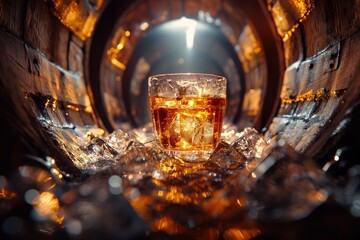 Fototapeta na wymiar Whiskey glass surrounded by ice on a rustic barrel, warm ambience evoking tradition and relaxation, Concept of vintage luxury and fine spirits
