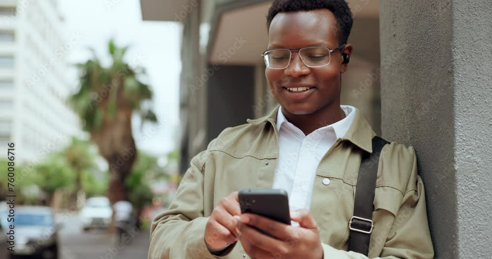 Poster phone, text and business man in the city with smile from morning commute with social media. urban, s