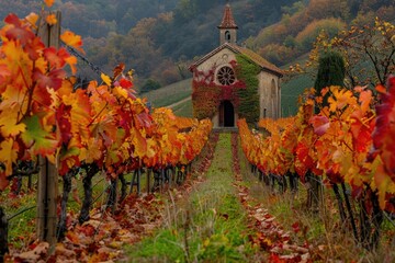 Autumn Vineyard with Colourful Vine-Growing Season Amidst Vinery and Church Backdrop - obrazy, fototapety, plakaty