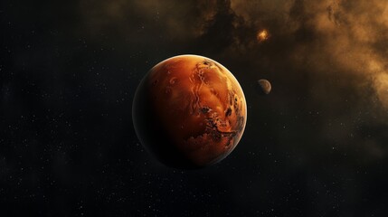 Obraz premium A captivating golden-hued planet and its moon are set against a backdrop of cosmic dust, creating a breathtaking space tableau