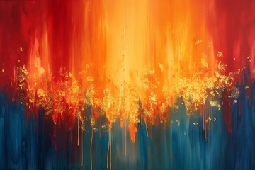 Abstract art with fiery red and gold drips over deep blue, Concept of passion, creativity, and emotional expression