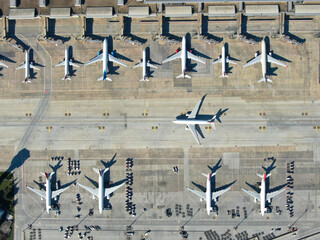 Aerial view of an airport. aerial view of airport terminal with parked airplanes