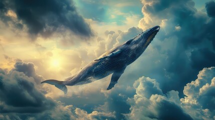 Surrealistic photo of a whale in the sky. AI generated.