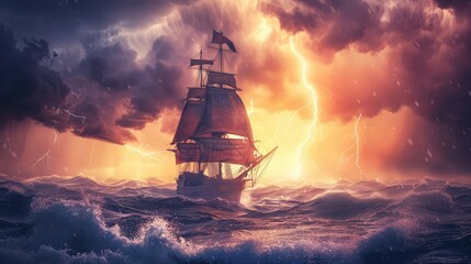 Sailing ship floating in the sea at the storm. AI generated.