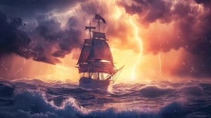  Sailing ship floating in the sea at the storm. AI generated. © Viktor
