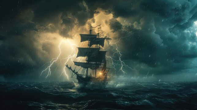 Sailing ship in the ocean at the storm. AI generated.