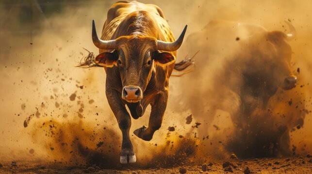 Photo of angry running bull. AI generated.