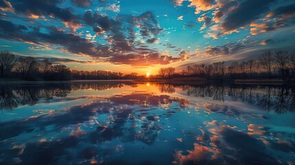Beautiful mirror lake with a stunning sunset. AI generated. - obrazy, fototapety, plakaty