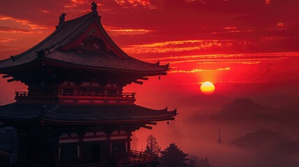 Obraz premium Magical sunset over Asian temple. AI generated.
