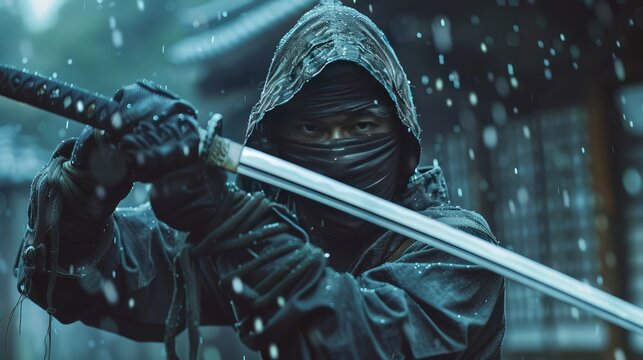 Close-up of ninja in black cloth with katana sword. AI generated.