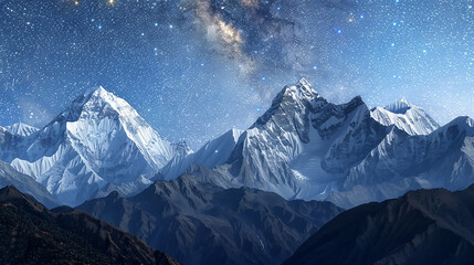 The stunning vista of snow-capped mountains under a clear starry night sky, the peaks detailed...