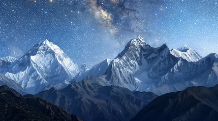 Crédence de cuisine en verre imprimé Everest The stunning vista of snow-capped mountains under a clear starry night sky, the peaks detailed against a softly blurred foreground,  