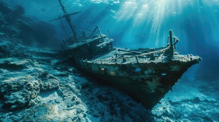 Ship wreck on the bottom of the ocean. AI generated. - obrazy, fototapety, plakaty