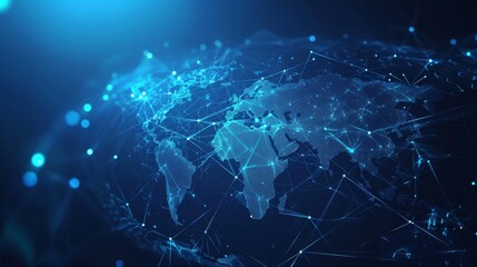 An abstract background showing a global network with continents connected by lines and dots representing connectivity