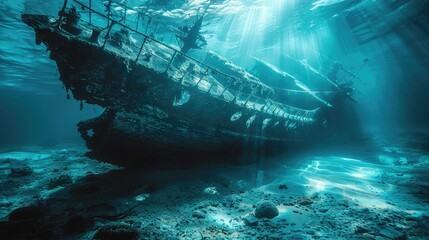 Sunken ship on the bottom of sea. AI generated. - obrazy, fototapety, plakaty