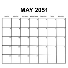 may 2051. monthly calendar design. week starts on sunday. printable, simple, and clean vector design isolated on white background.