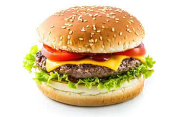 Burger On White - Delicious Juicy Hamburger with Beef, Cheese, Tomatoes, and Lettuce on Isolated White Background