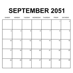 september 2051. monthly calendar design. week starts on sunday. printable, simple, and clean vector design isolated on white background.