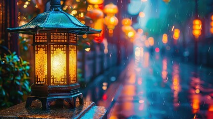 Old decorative Asian glowing lantern. AI generated.